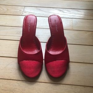 Red shantung slip on heels